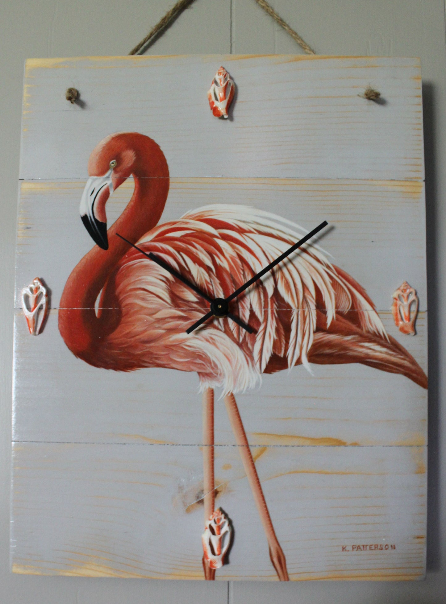Clock - Hand Painted Flamingo - Sea Shells - original painting Patterson - Ready to ship