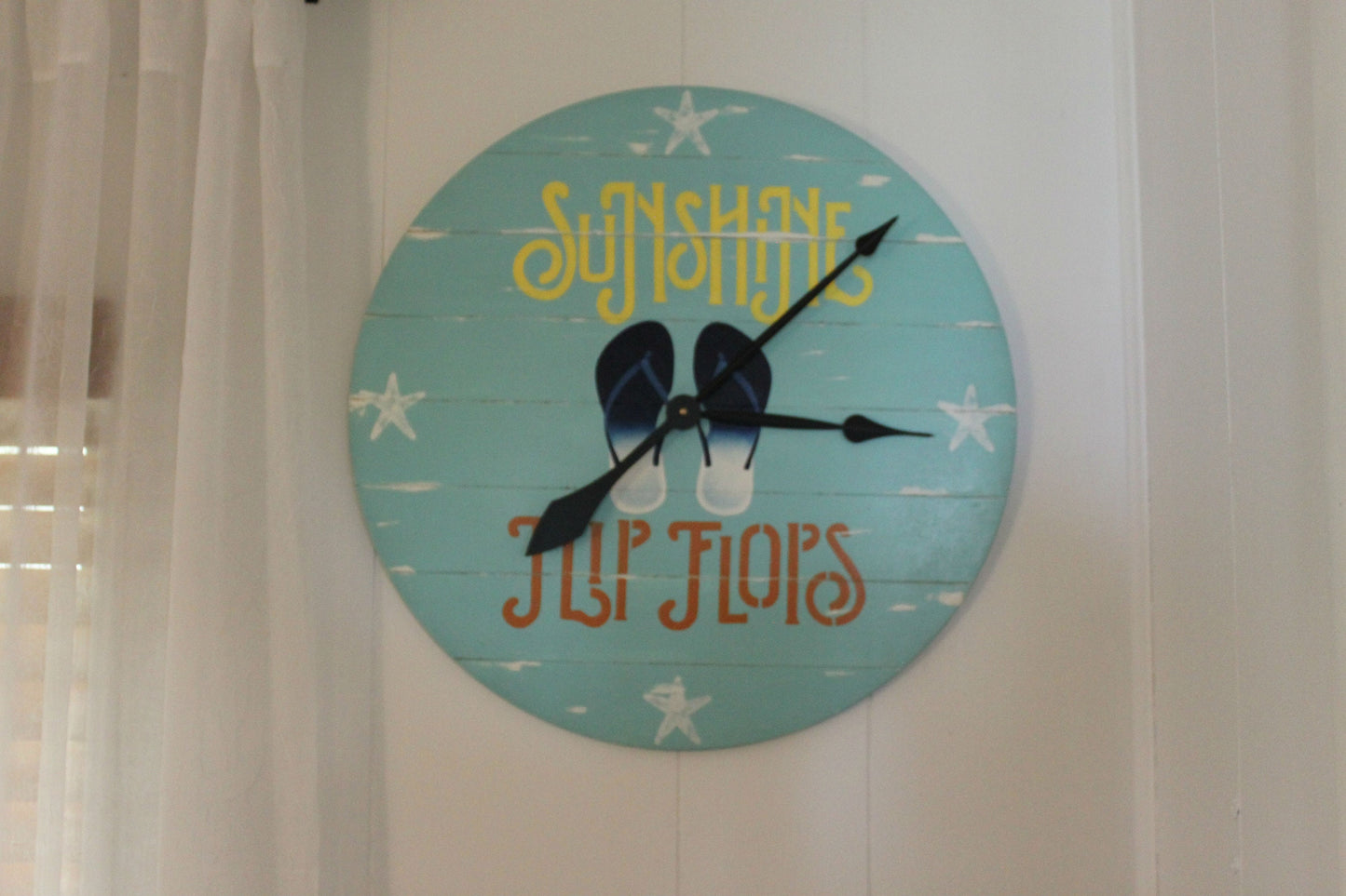Clock - Hand Painted Beach Sunshine and Flip Flops - Large Round - original painting Patterson