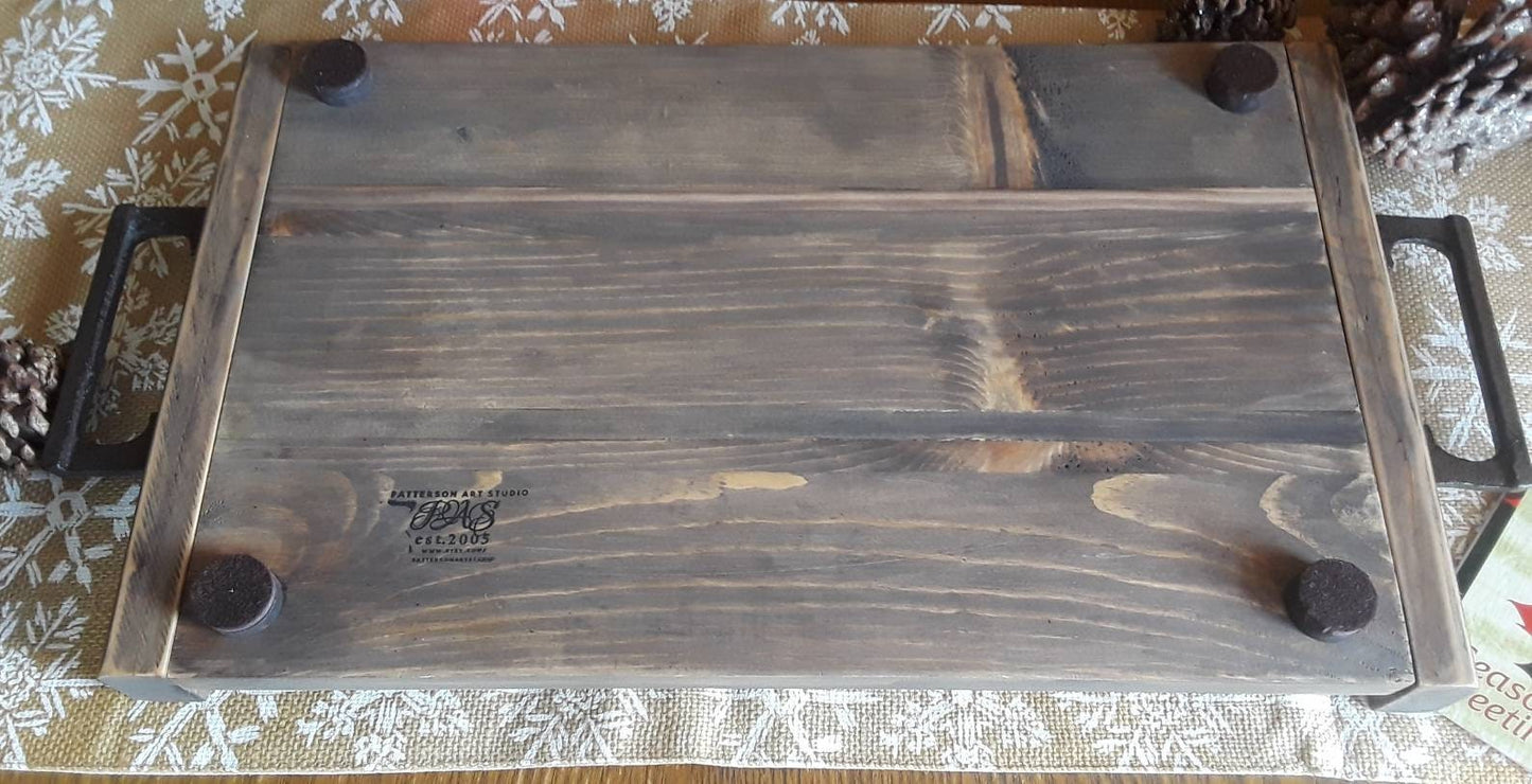 Contemporary Rustic White and walnut stained Family Serving Tray. Modern painted stripe design, with a rustic industrial finish.