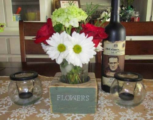 Rustic wood stained with distressed Mason Jar Vase or Candle Holder - Centerpiece. Handmade from reclaimed wood. Ready to ship.