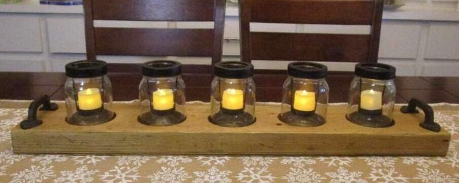 Rustic distressed natural wood stained candle holder- Centerpiece. Handmade from Reclaimed wood. 5 glass jars for display, ready to ship.