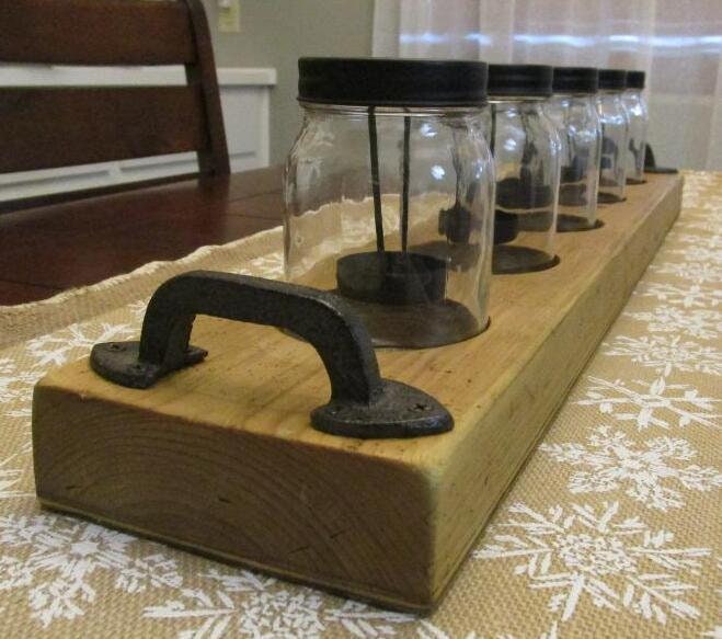 Rustic distressed natural wood stained candle holder- Centerpiece. Handmade from Reclaimed wood. 5 glass jars for display, ready to ship.