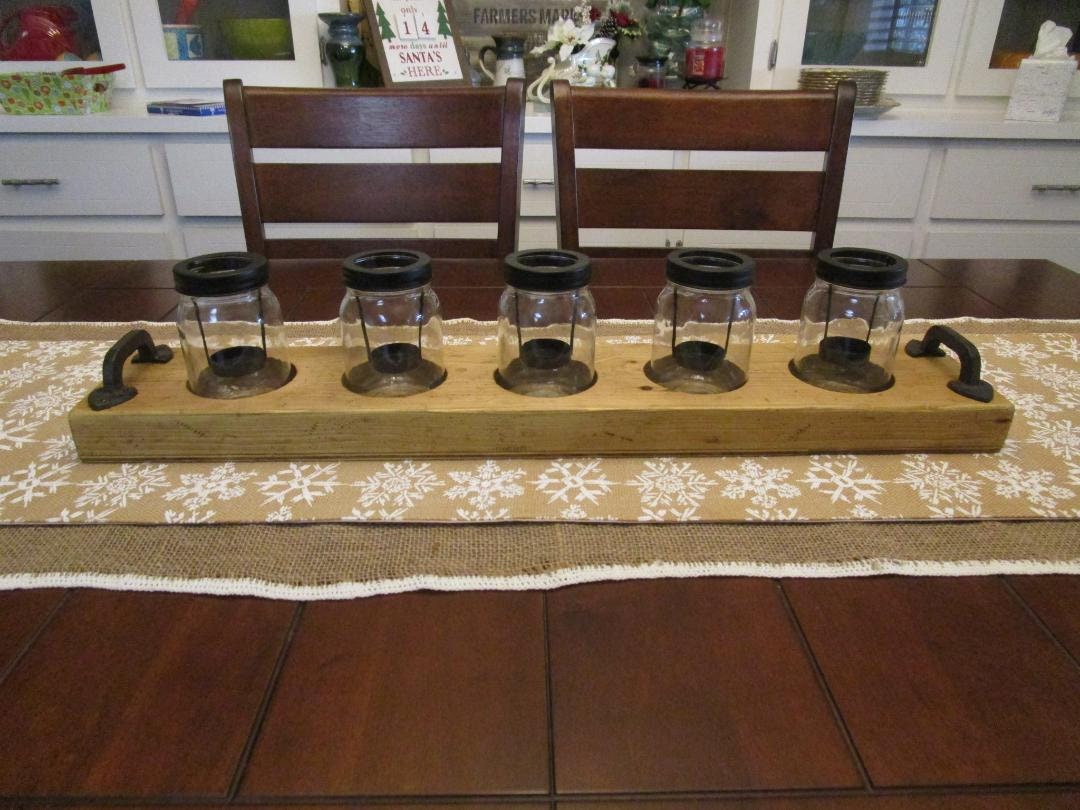 Rustic distressed natural wood stained candle holder- Centerpiece. Handmade from Reclaimed wood. 5 glass jars for display, ready to ship.