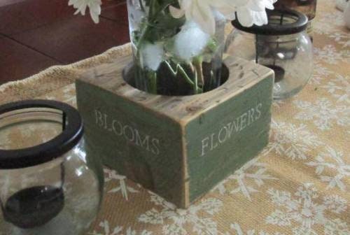 Rustic wood stained with distressed Mason Jar Vase or Candle Holder - Centerpiece. Handmade from reclaimed wood. Ready to ship.