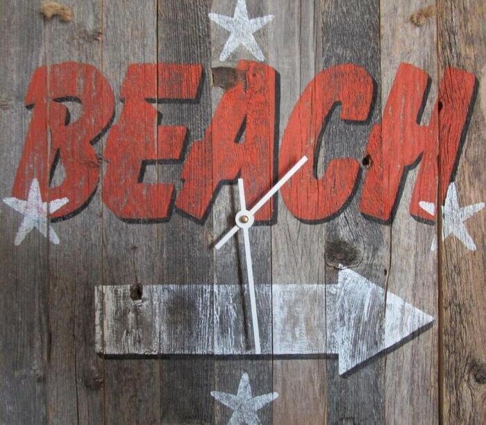 Clock - Hand Painted "To the Beach" Clock - Starfish at 3,6,9,12- Original painting Patterson on reclaimed wood. Ready to ship