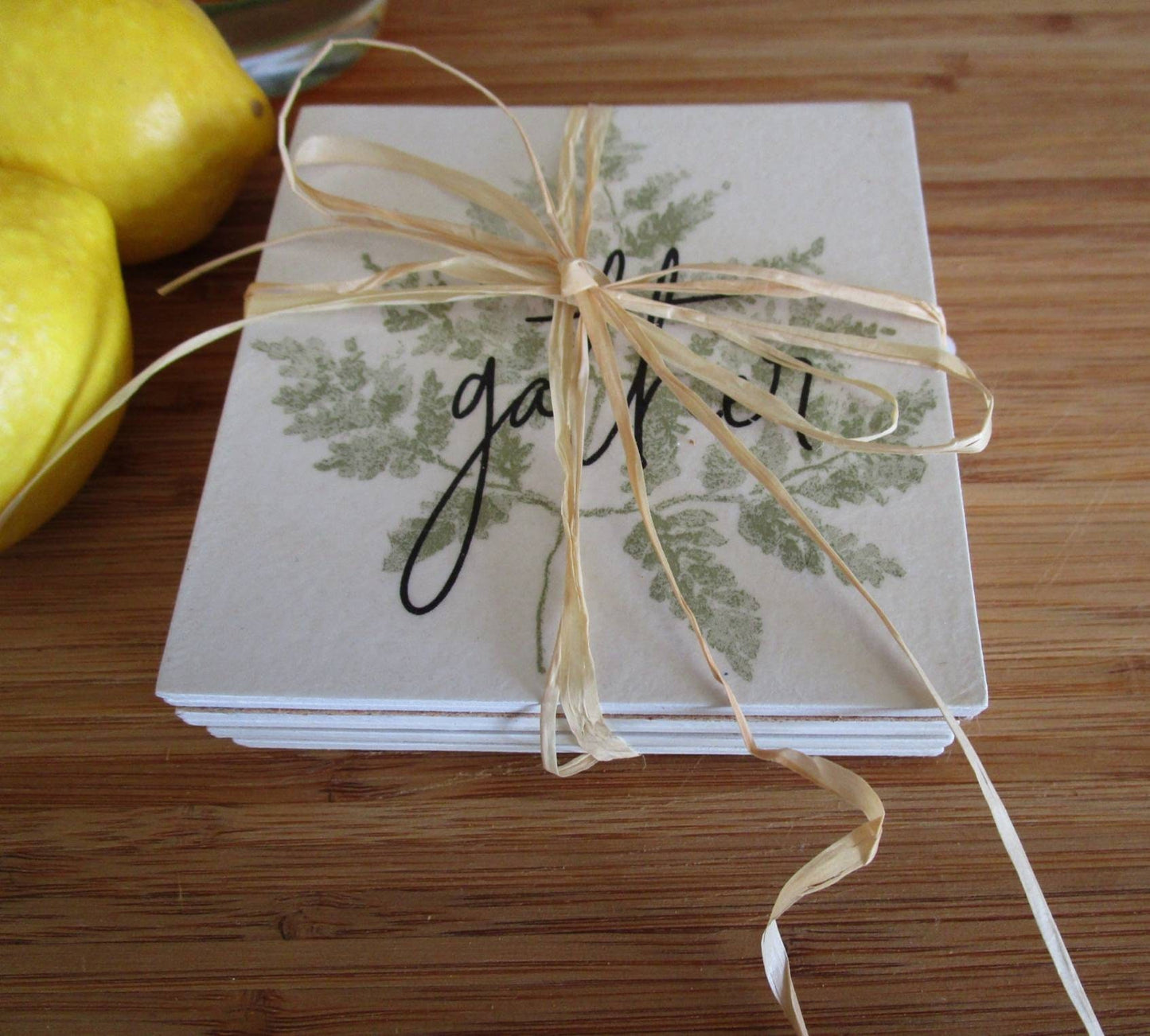 Coasters set of 4 botanical "Gather" coasters, handmade from wood and cork. Ready to ship.