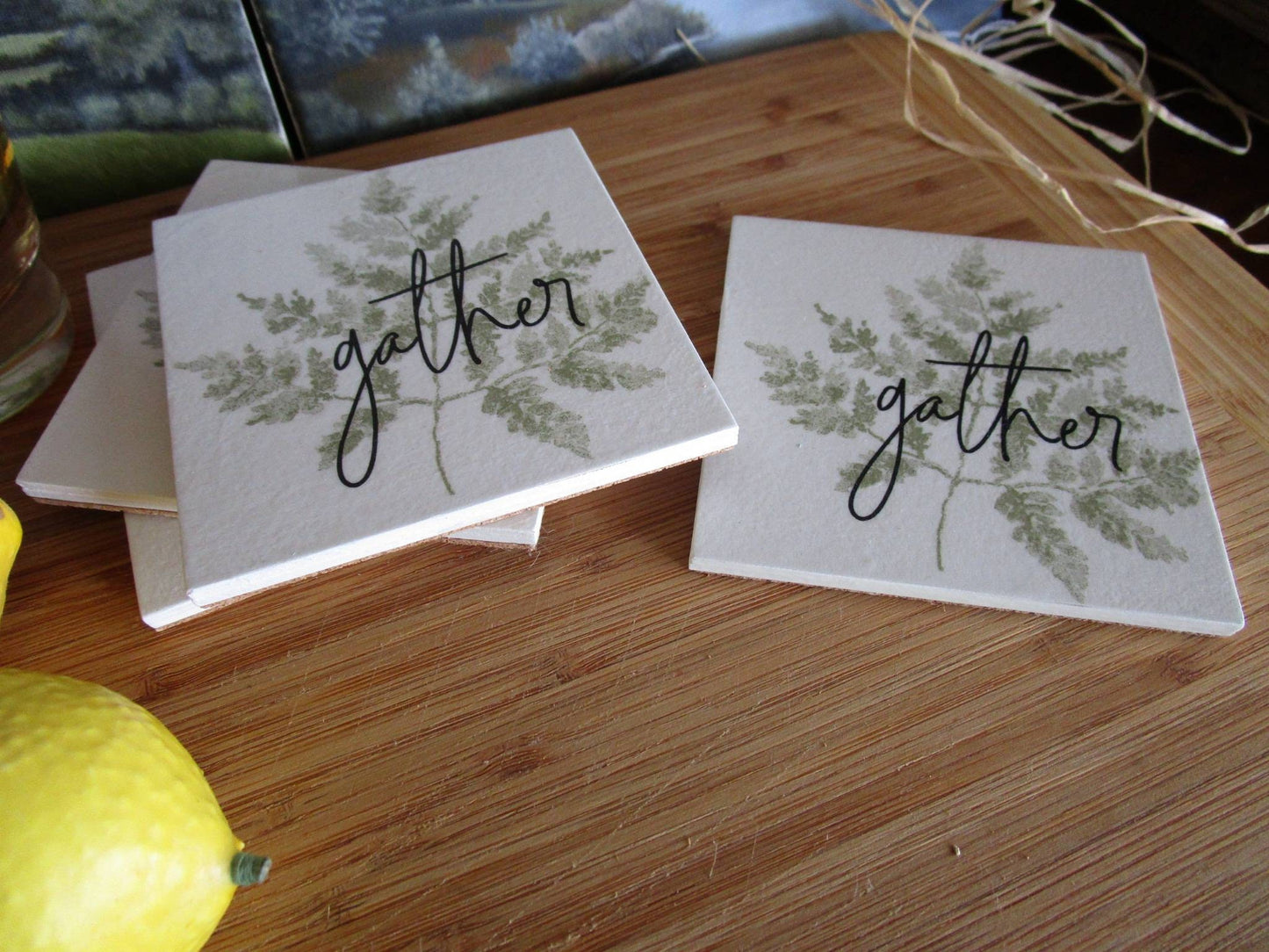 Coasters set of 4 botanical "Gather" coasters, handmade from wood and cork. Ready to ship.