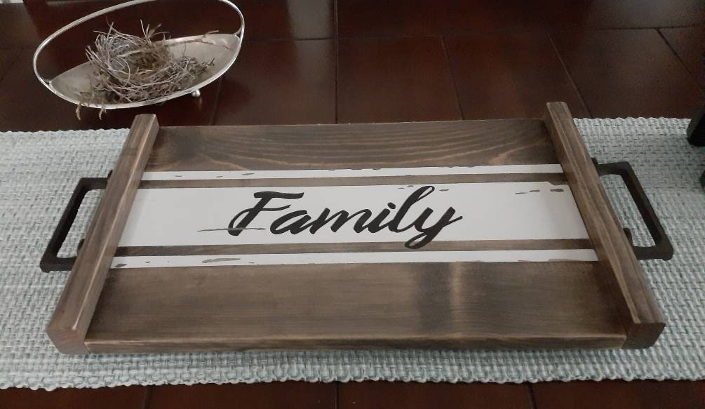 Contemporary Rustic White and walnut stained Family Serving Tray. Modern painted stripe design, with a rustic industrial finish.