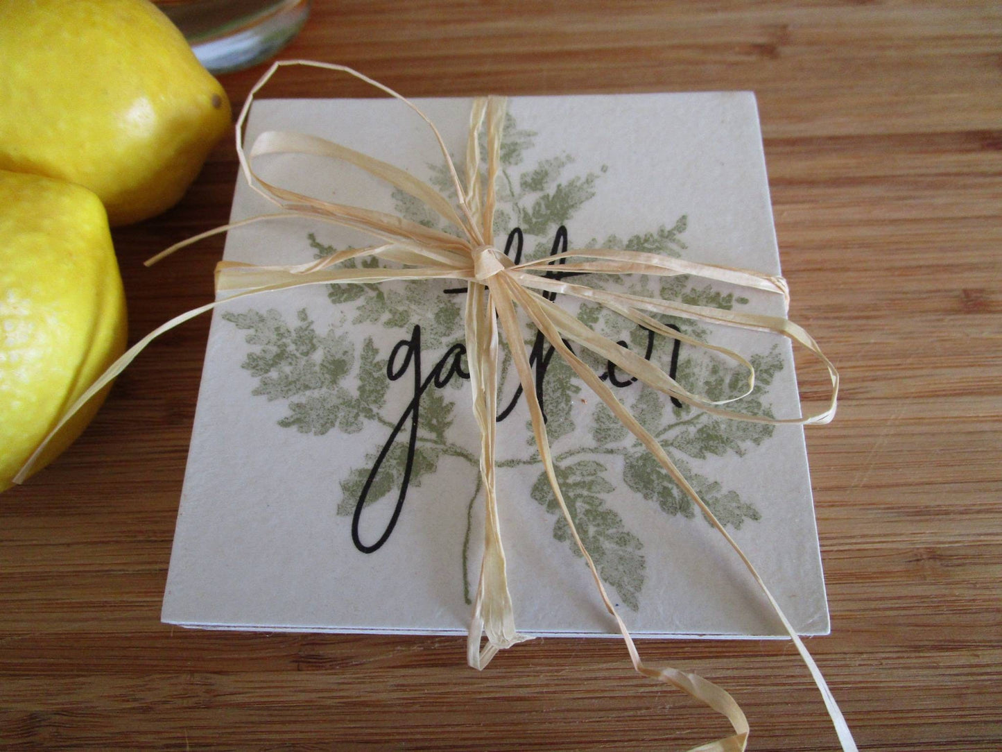 Coasters set of 4 botanical "Gather" coasters, handmade from wood and cork. Ready to ship.