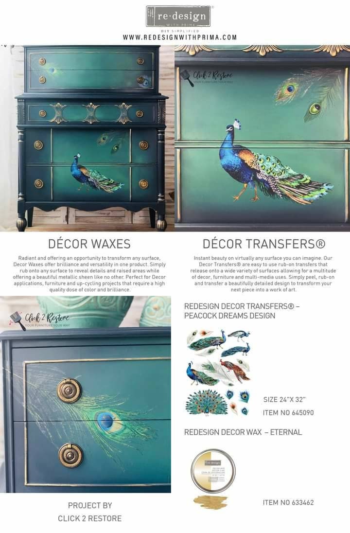 Rub on Furniture Transfer, Furniture Decal, Decor Transfer, Decor Decal Redesign with Prima, Peacock Dreams 24" x33"