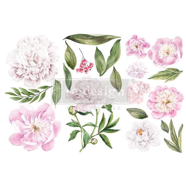 New! Morning Peonies - Redesign with Prima Rub on Small Transfer for furniture, flower decal, 3 Sheets!