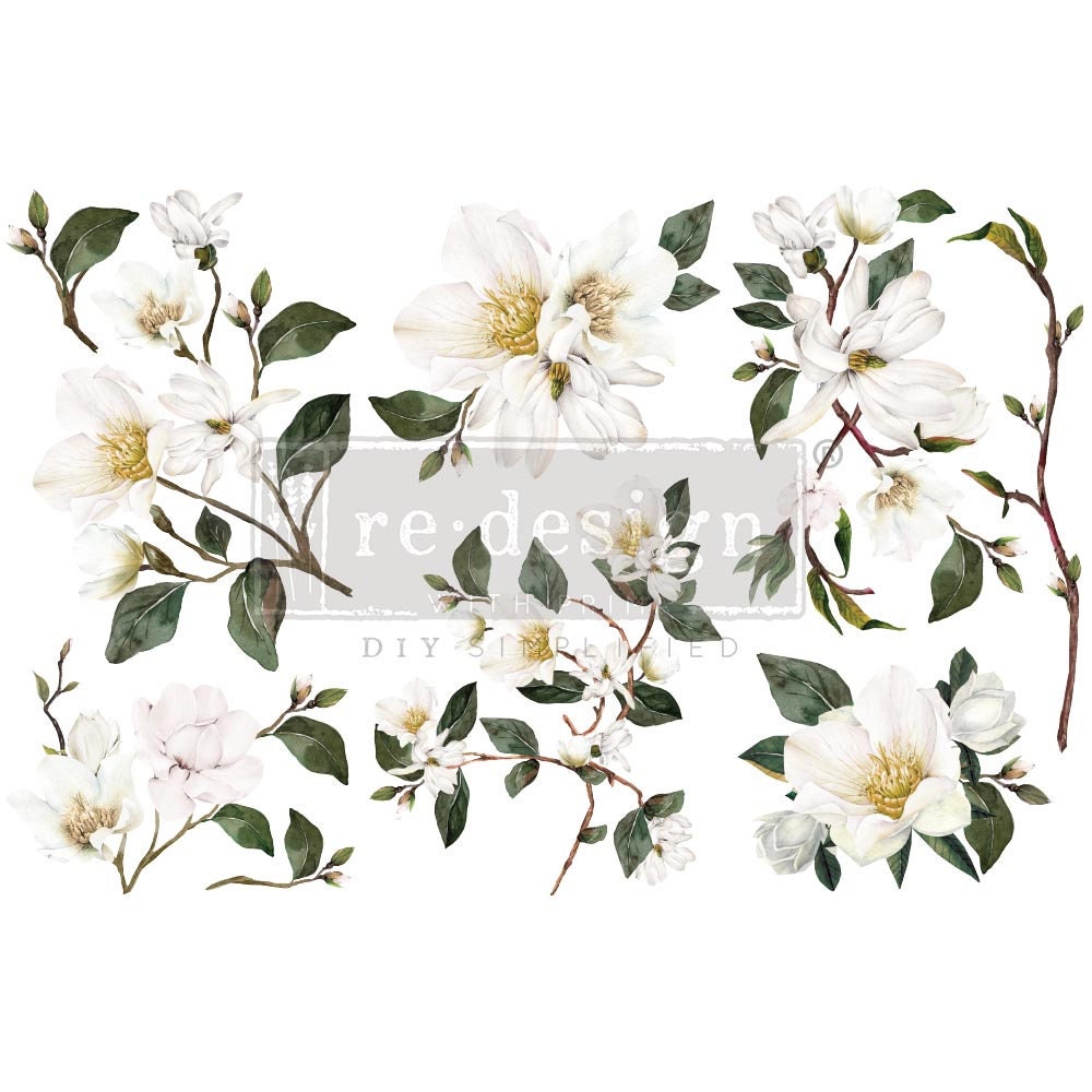 New! - WHITE MAGNOLIA - Redesign with Prima - Rub on Small Transfer for furniture or flower decal 18" x 12"