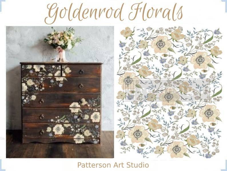 NEW! Rub on Furniture Transfer, Furniture Decal, Redesign with Prima, GOLDENROD FLORALS 24" x35"