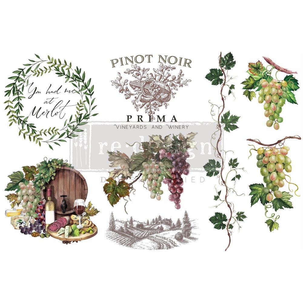 New! WINE - Redesign with Prima Rub on Furniture Grapes Wine Small Transfer Decal - 18" x12"