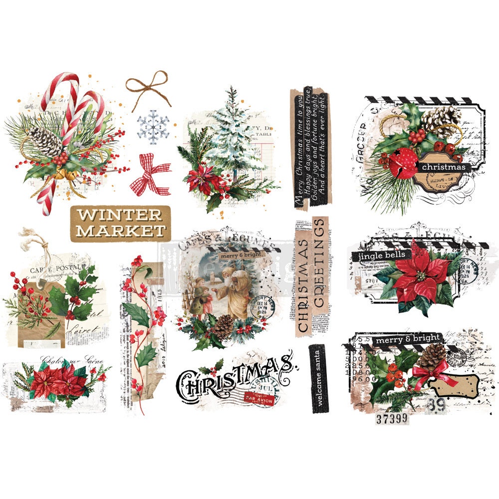 New! - XMAS TAG - Redesign with Prima - Rub on Small CHRISTMAS Transfer for furniture or flower decal 18" x 12"
