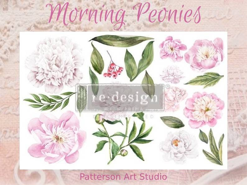 New! Morning Peonies - Redesign with Prima Rub on Small Transfer for furniture, flower decal, 3 Sheets!