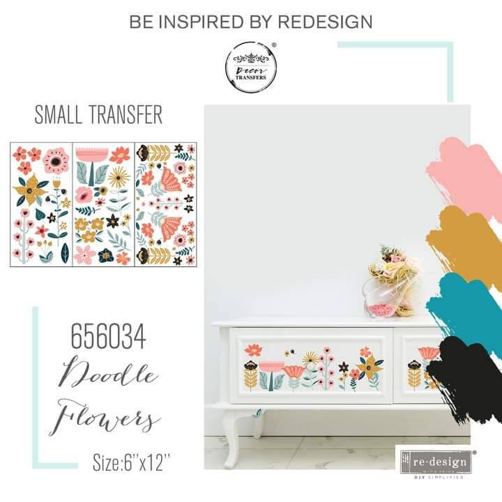 New! - DOODLE FLOWERS - Redesign with Prima - Rub on Small Transfer for Furniture Floral Decal "12" x 18