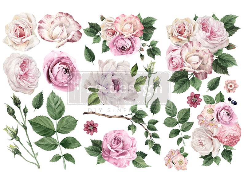 New! - DELICATE ROSES - Redesign with Prima - Rub on Small Transfer for furniture or Decor flower decal