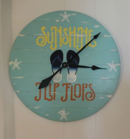 Clock - Hand Painted Beach Sunshine and Flip Flops - Large Round - original painting Patterson