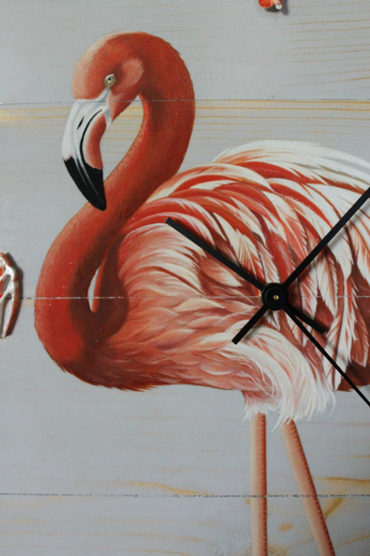 Clock - Hand Painted Flamingo - Sea Shells - original painting Patterson - Ready to ship