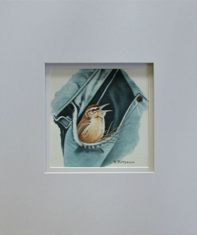 Original Watercolor painting Patterson - Bird Wren in Jeans pocket Framed - Ready to ship