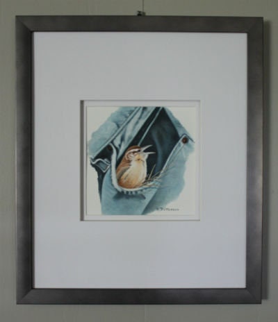 Original Watercolor painting Patterson - Bird Wren in Jeans pocket Framed - Ready to ship