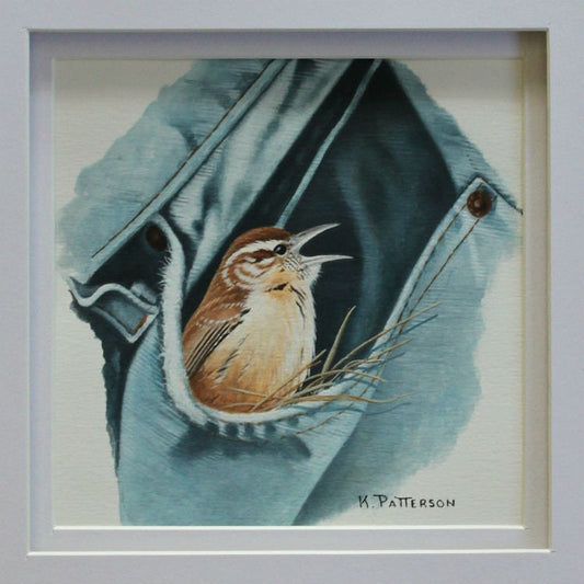 Original Watercolor painting Patterson - Bird Wren in Jeans pocket Framed - Ready to ship