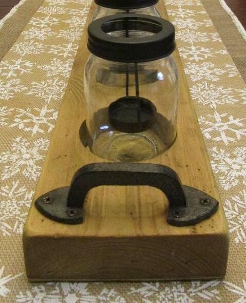 Rustic distressed natural wood stained candle holder- Centerpiece.  Handmade from Reclaimed wood. 5 glass jars for display, ready to ship.