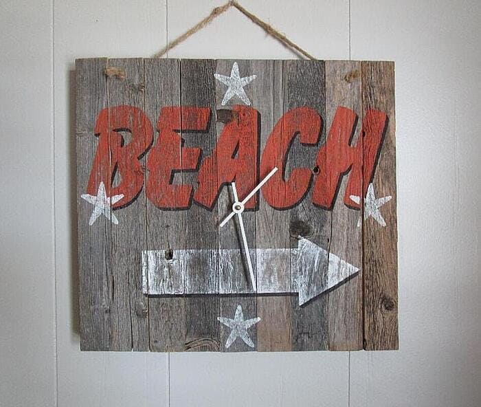 Clock - Hand Painted "To the Beach" Clock   -  Starfish at 3,6,9,12- Original painting Patterson on reclaimed wood. Ready to ship