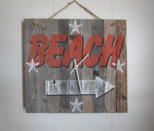 Clock - Hand Painted "To the Beach" Clock   -  Starfish at 3,6,9,12- Original painting Patterson on reclaimed wood. Ready to ship