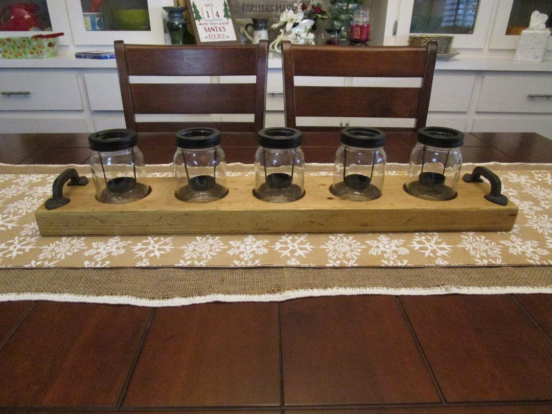 Rustic distressed natural wood stained candle holder- Centerpiece.  Handmade from Reclaimed wood. 5 glass jars for display, ready to ship.