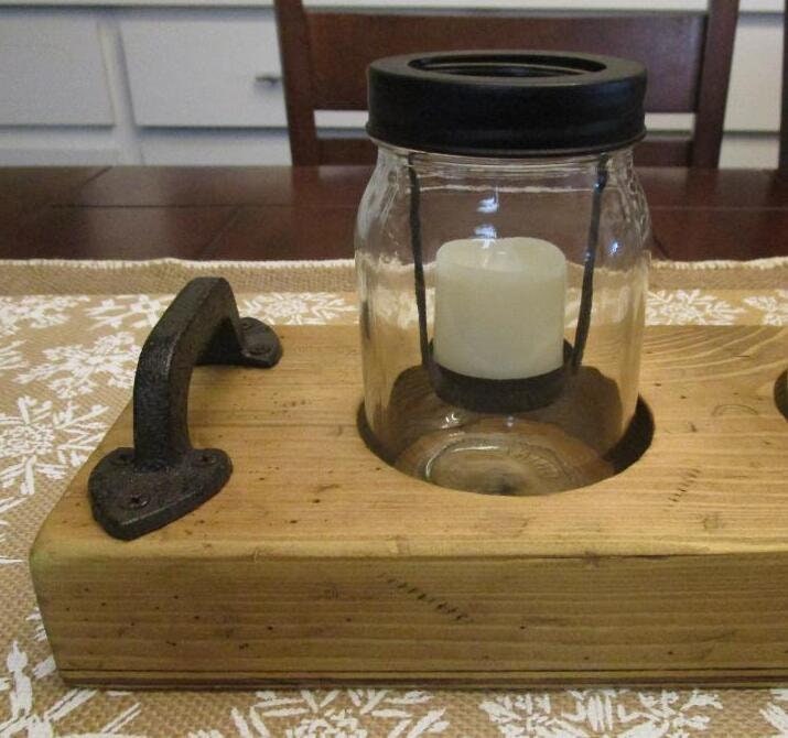 Rustic distressed natural wood stained candle holder- Centerpiece.  Handmade from Reclaimed wood. 5 glass jars for display, ready to ship.