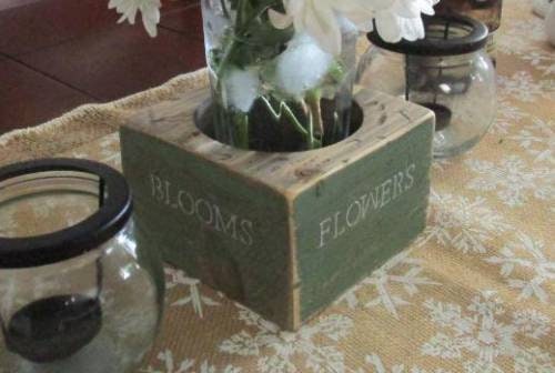 Rustic wood stained with distressed Mason Jar Vase or Candle Holder - Centerpiece.  Handmade from reclaimed wood.  Ready to ship.