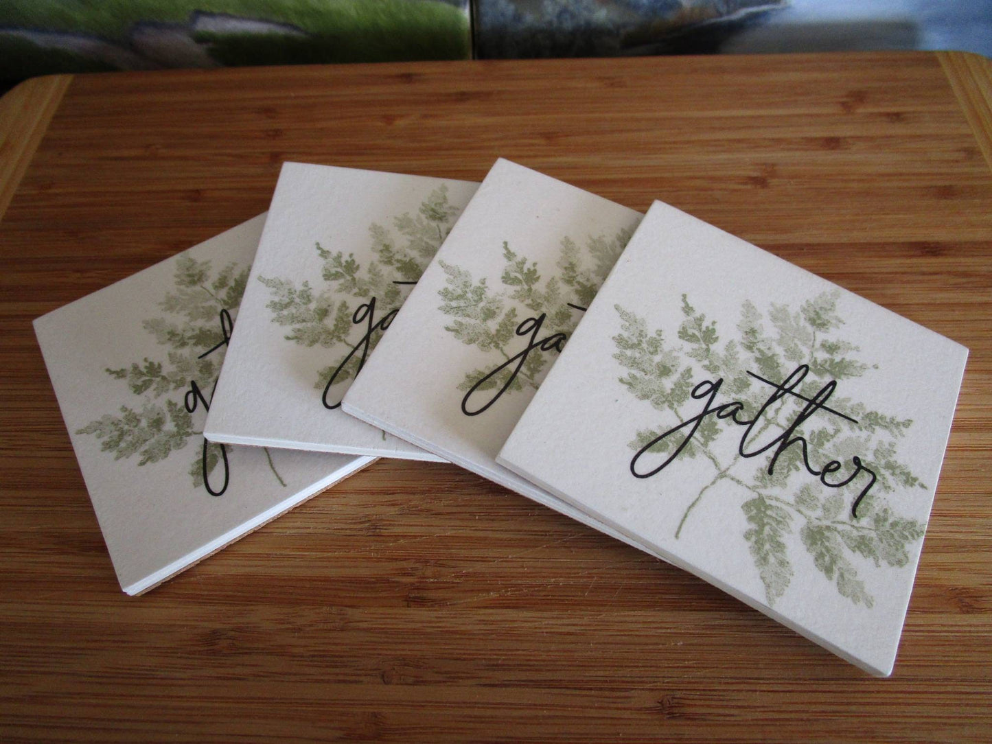 Coasters set of 4 botanical "Gather" coasters,  handmade from wood and cork. Ready to ship.