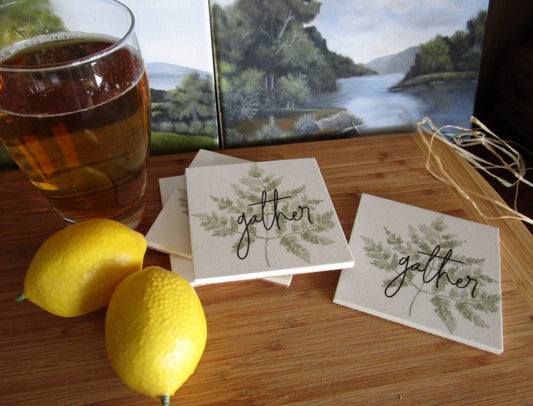 Coasters set of 4 botanical "Gather" coasters,  handmade from wood and cork. Ready to ship.