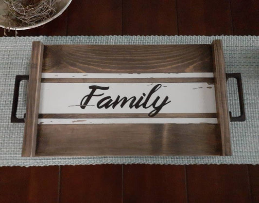 Contemporary Rustic White and walnut stained Family Serving Tray. Modern painted stripe design, with a rustic industrial finish.