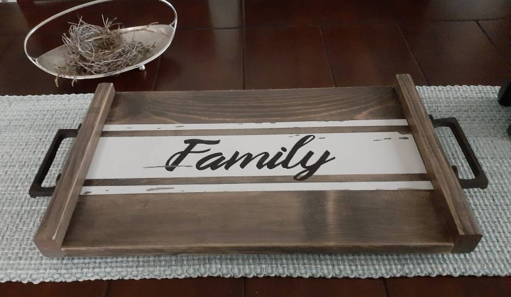 Contemporary Rustic White and  walnut stained Family Serving Tray.  Modern painted stripe design, with a rustic industrial finish.