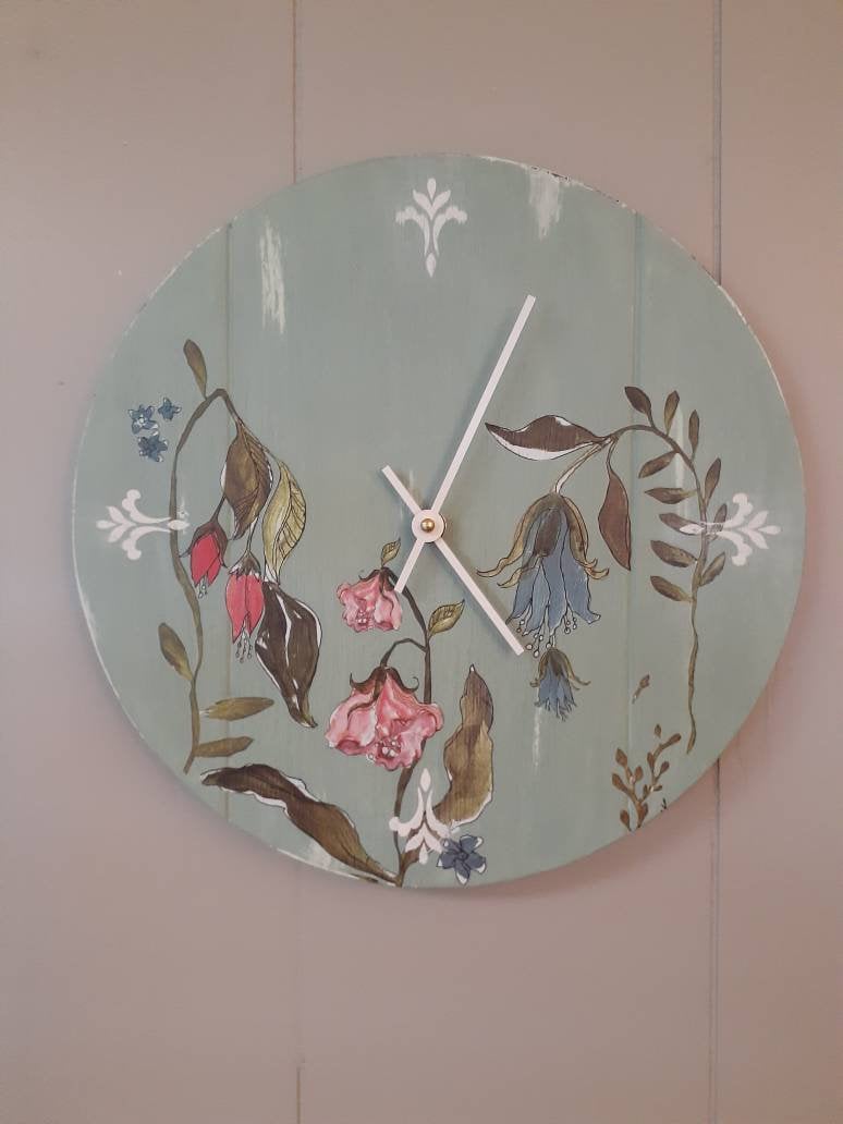 Hand painted clock with lovely florals. Cottage design. Ready to ship.