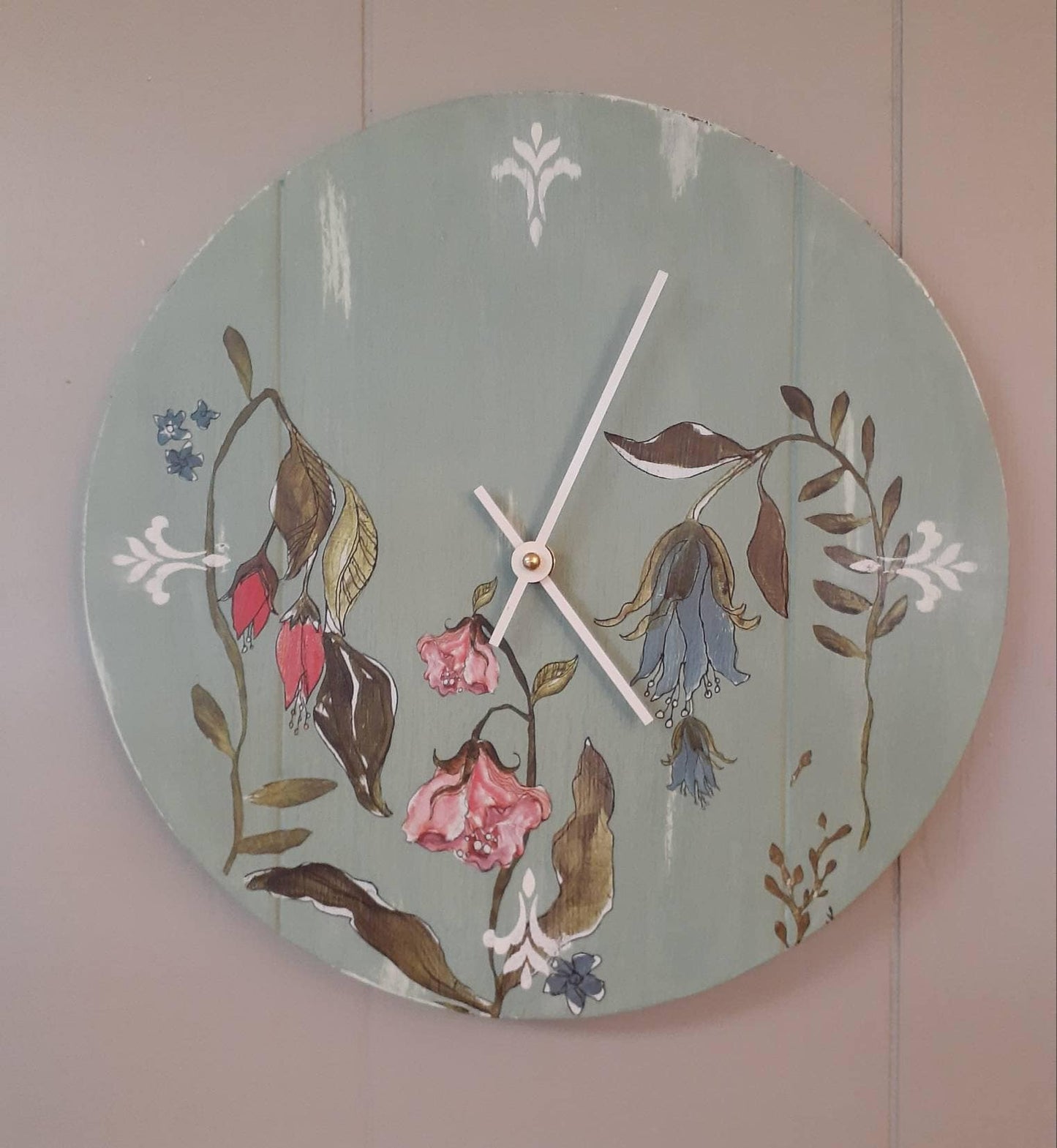 Hand painted clock with lovely florals. Cottage design. Ready to ship.