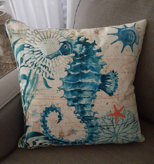 Seahorse Throw Pillow Cover with Zipper closure. 17"×17". Beach Aqua blue.