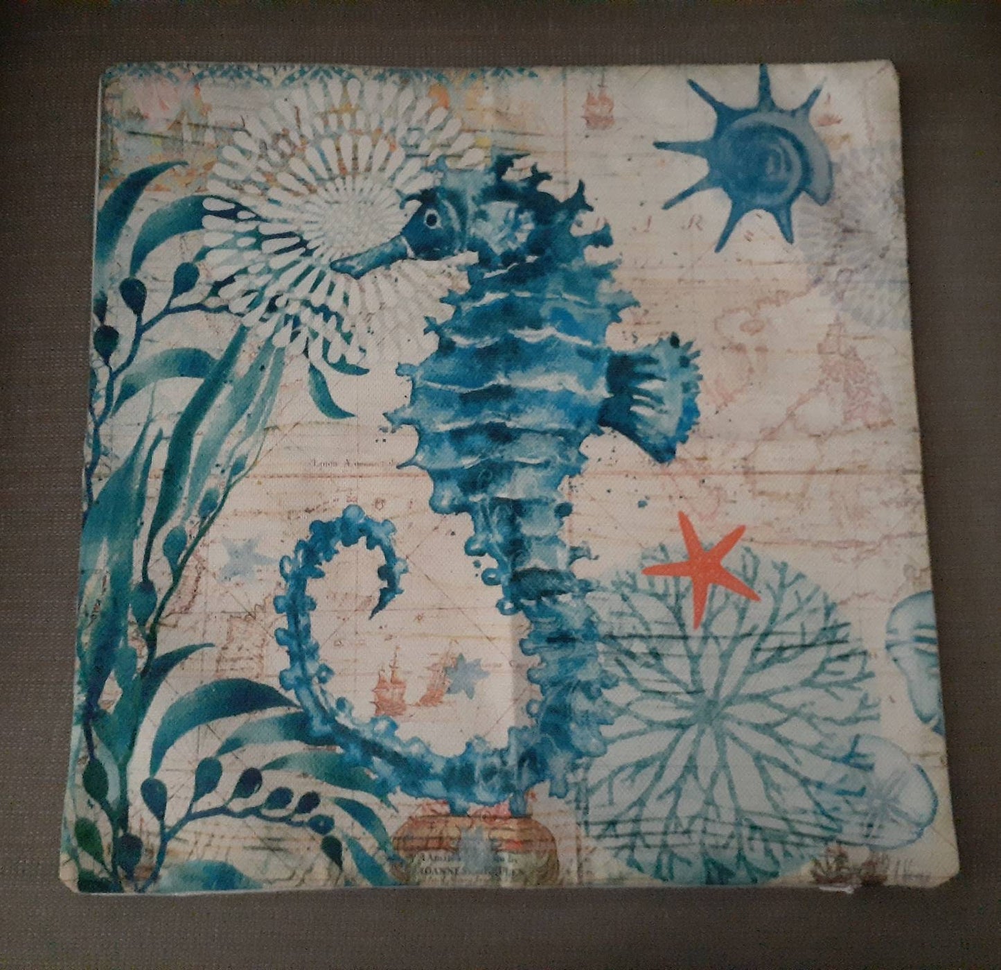 Seahorse Throw Pillow Cover with Zipper closure. 17"×17". Beach Aqua blue.