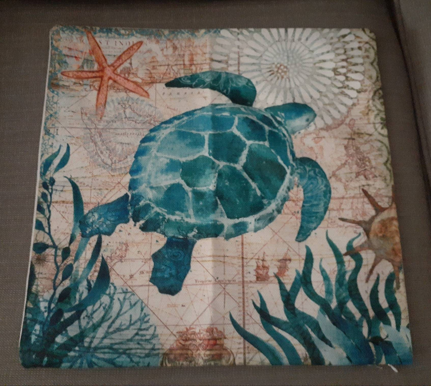 Sea TurtleThrow Pillow Cover with Zipper closure. 17"×17". Beach Aqua blue.