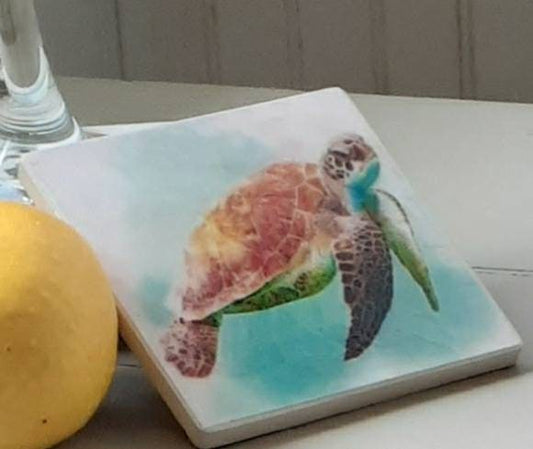 Coasters set of 4 stone Sea Turtle coasters,  handmade from stone and cork. Featuring Original Patterson Art Studio Artwork. Ready to ship.