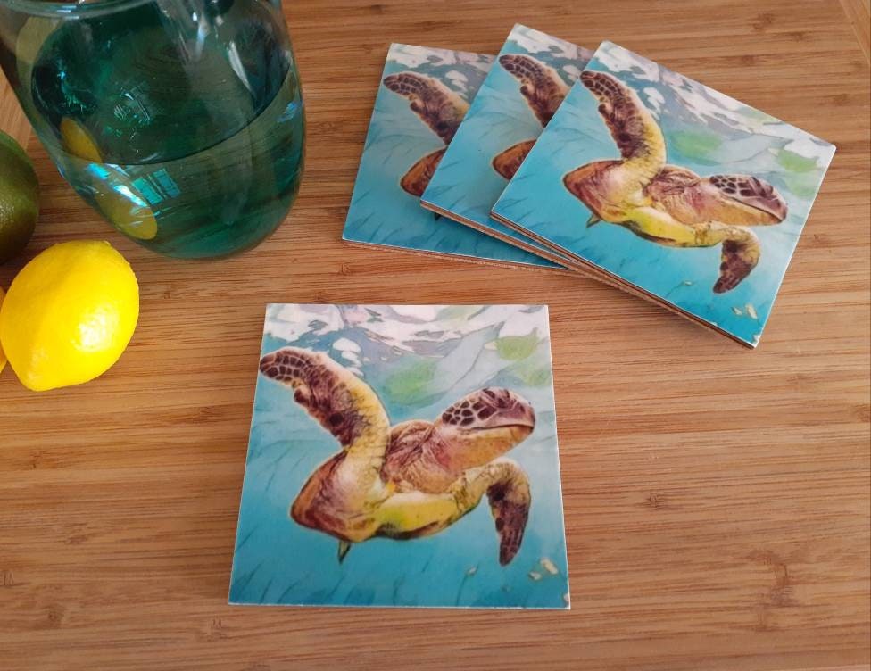 Coasters. set of 4 wood  Sea Turtle coasters,  handmade from wood and cork. Featuring Original Patterson Art Studio Artwork. Ready to ship.