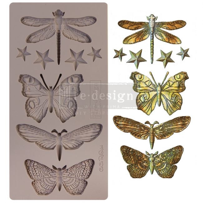 Silicone Mold - New! Redesign with Prima and CeCe restyled - Insectica & Stars 5"x10" Silicone Decor Mould