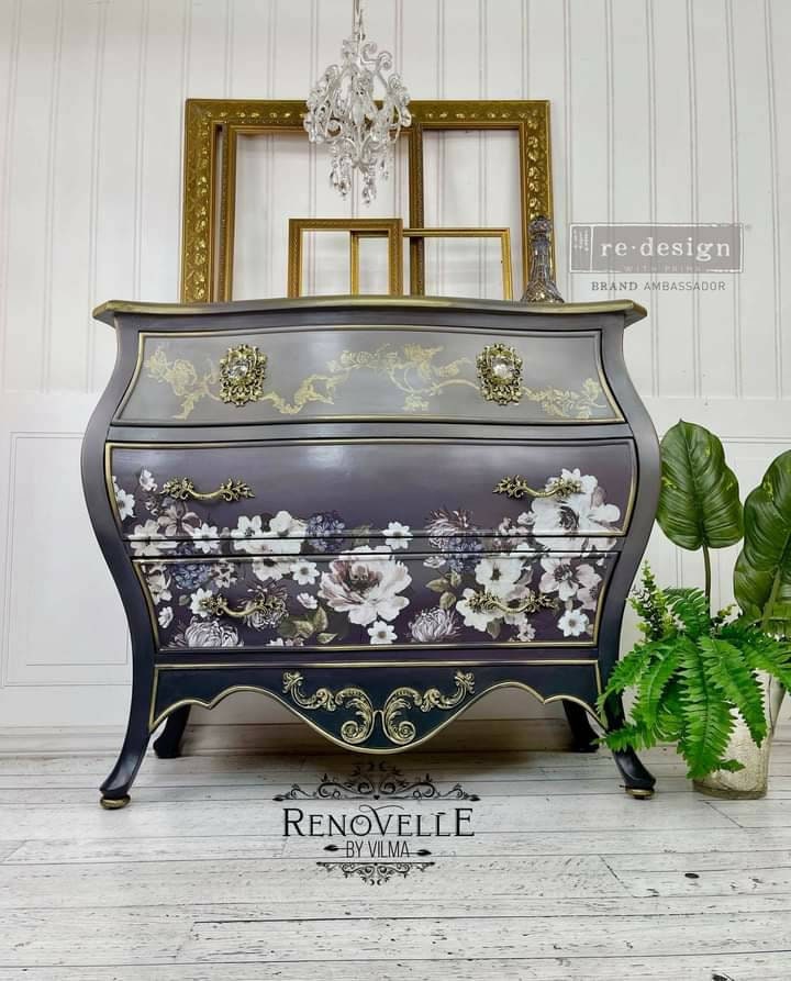 New! Rub on Furniture Transfer, Furniture Decal, Redesign with Prima Floral , Dark Floral  24" x35"