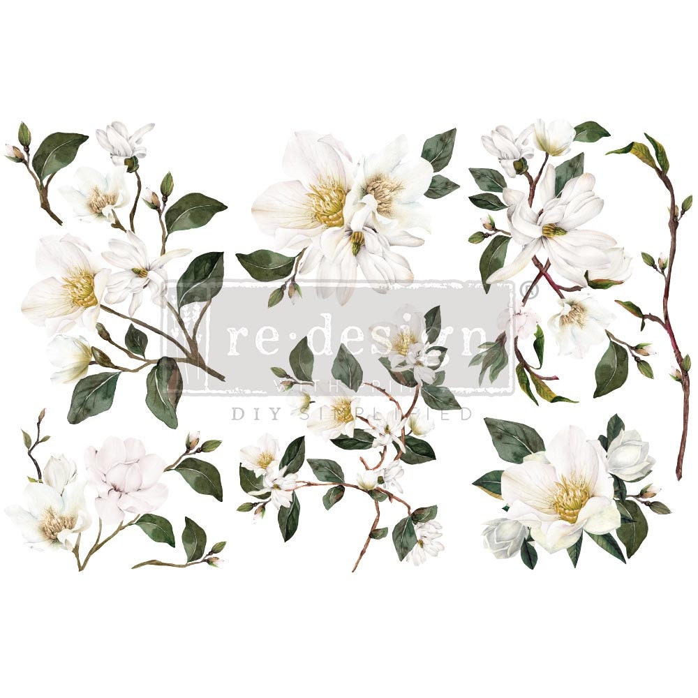 New! - WHITE MAGNOLIA - Redesign with Prima - Rub on Small Transfer for furniture or flower decal  18" x 12"