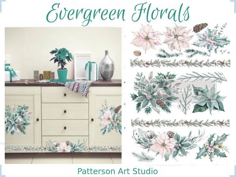 NEW - Holiday Rub on Furniture Transfer, Furniture Decal, Redesign with Prima, EVERGREEN FLORALS 24" x35"