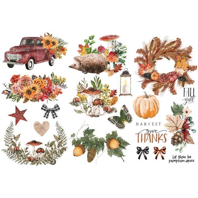 New! - AUTUMN ESSENTIALS - Redesign with Prima - Rub on Small Transfer for furniture or flower decal  18" x 12"