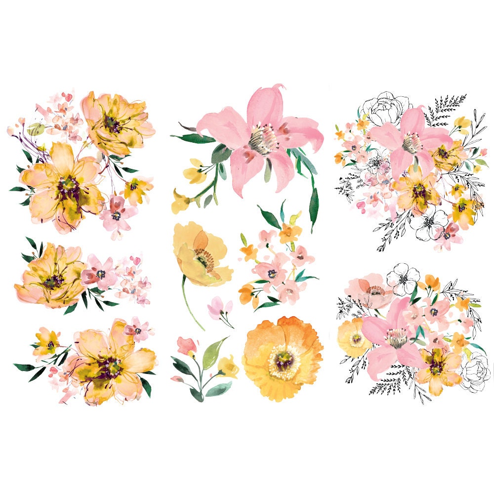 New! - WATERCOLOR LUSH - Redesign with Prima - Rub on Small Transfer for Furniture FLOWER Decal "12" x 18